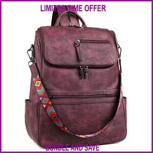 Leather Laptop Backpack for Women, 15.6 Inch, 12 Pockets, Travel & Work